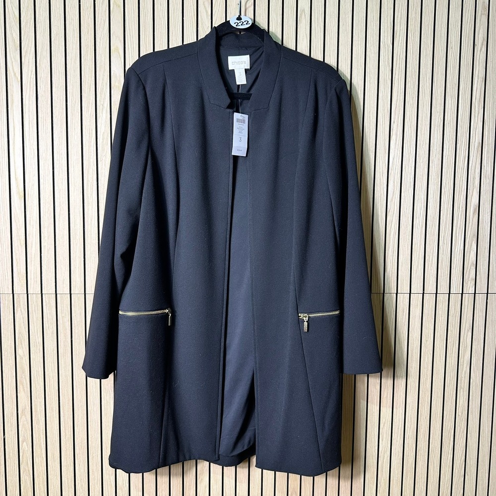 222 Chico's Crepe Zip Detail LS Duster Jacket 570161172 (Size 3(XL), Black, NWT)